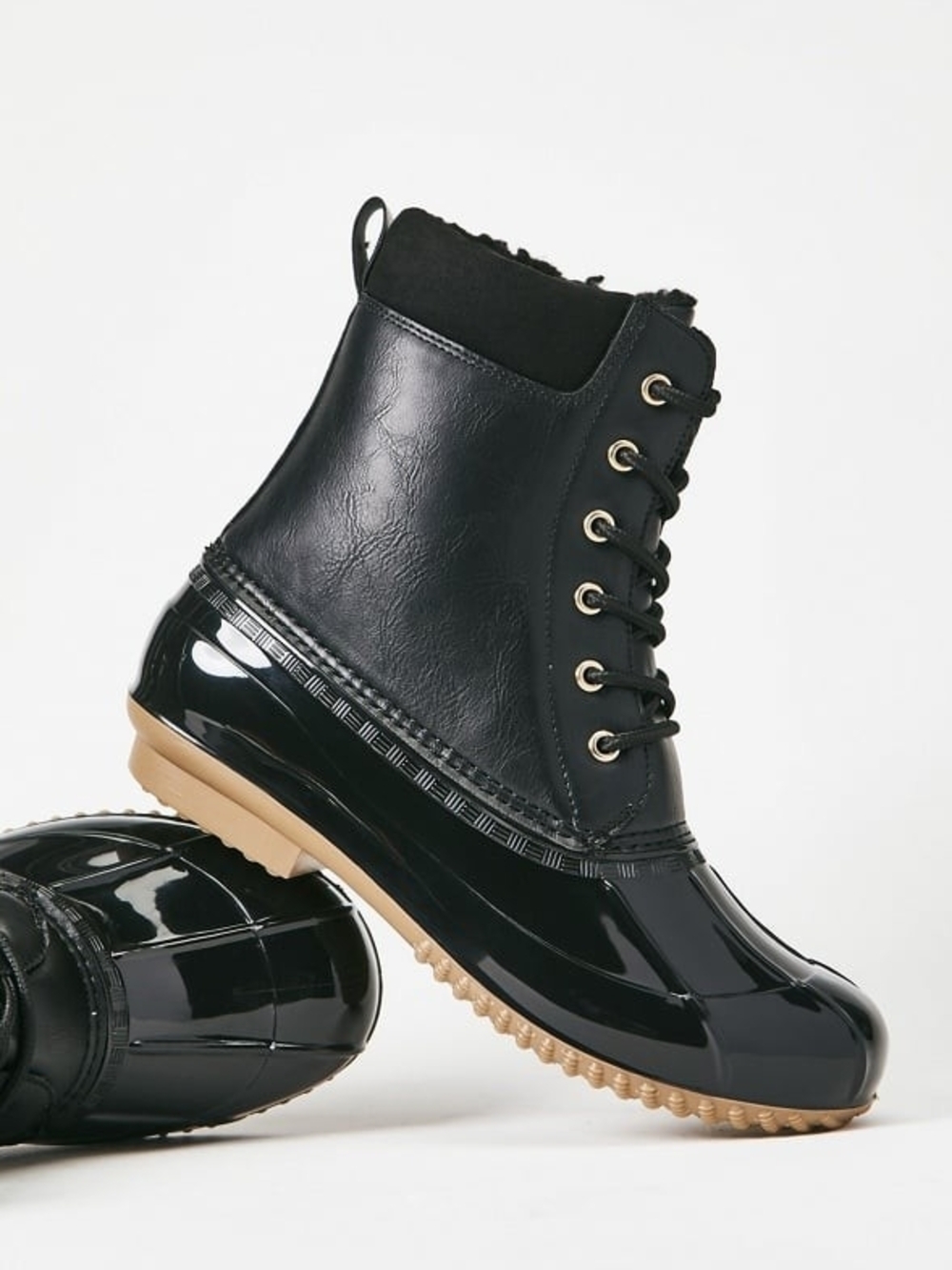 Shoe Dazzle Black & Tan Lace-Up Rain Duck Boots